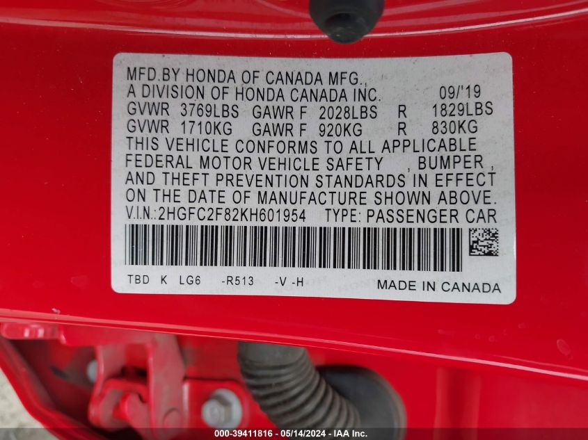 2019 Honda Civic Sport VIN: 2HGFC2F82KH601954 Lot: 39411816