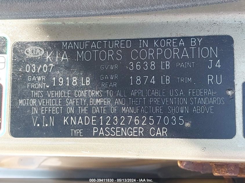 2007 Kia Rio Lx VIN: KNADE123276257035 Lot: 39411830