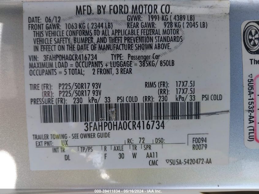 2012 Ford Fusion Se VIN: 3FAHP0HA0CR416734 Lot: 39411834