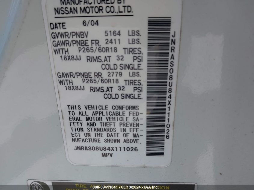 2004 Infiniti Fx35 VIN: JNRAS08U84X111026 Lot: 39411841