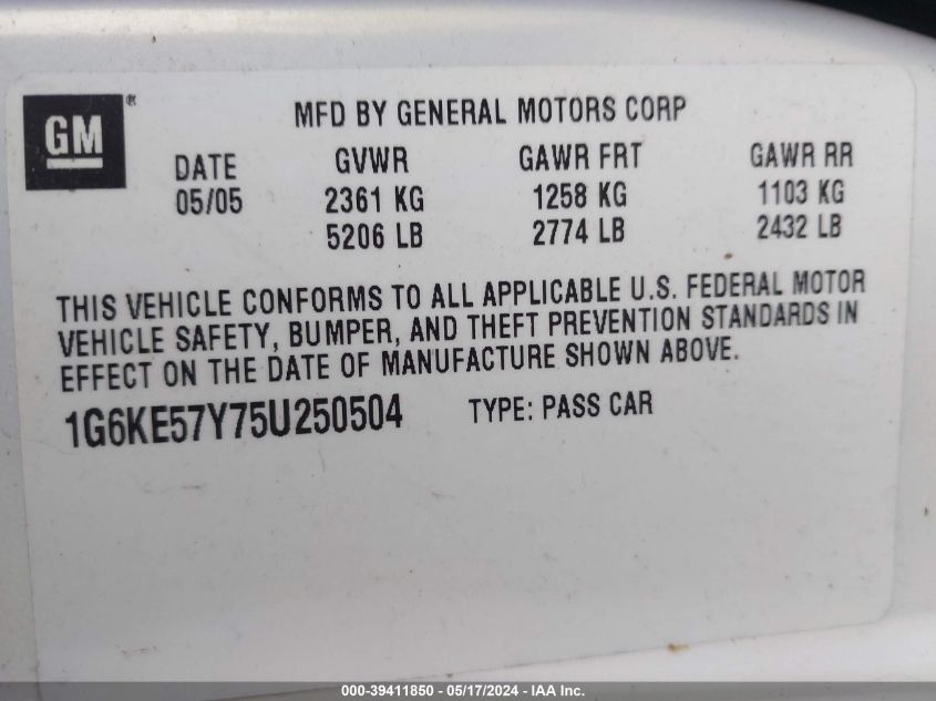 2005 Cadillac Deville Dhs VIN: 1G6KE57Y75U250504 Lot: 39411850