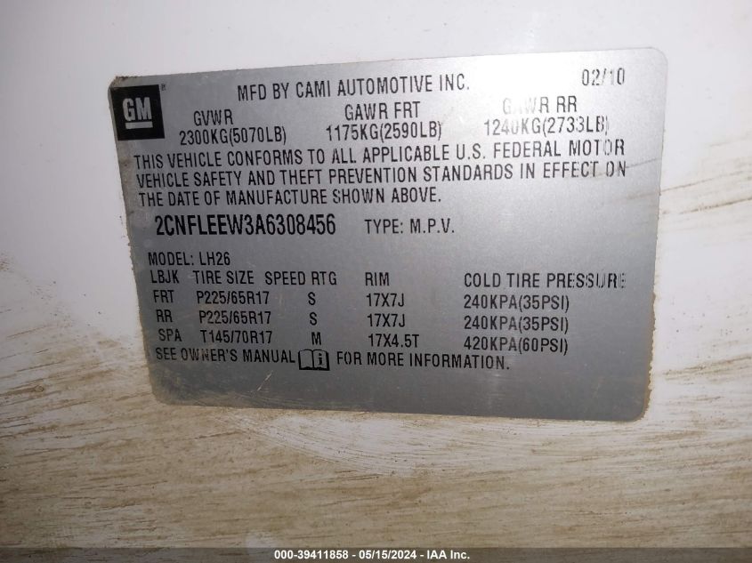 2010 Chevrolet Equinox Lt VIN: 2CNFLEEW3A6308456 Lot: 39411858