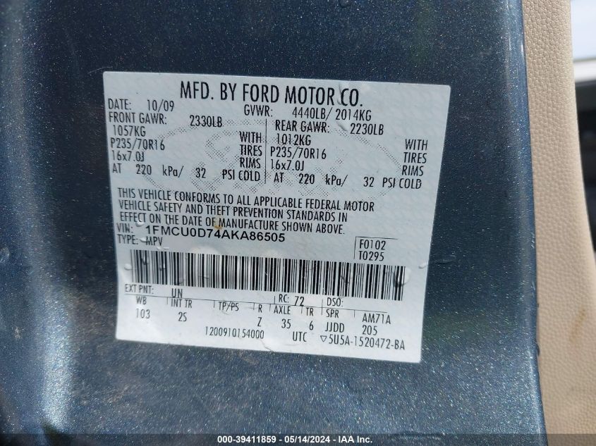 2010 Ford Escape Xlt VIN: 1FMCU0D74AKA86505 Lot: 39411859