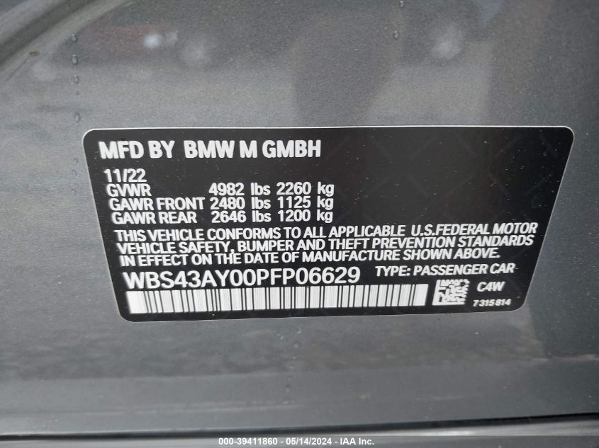 2023 BMW M3 Competition xDrive VIN: WBS43AY00PFP06629 Lot: 39411860