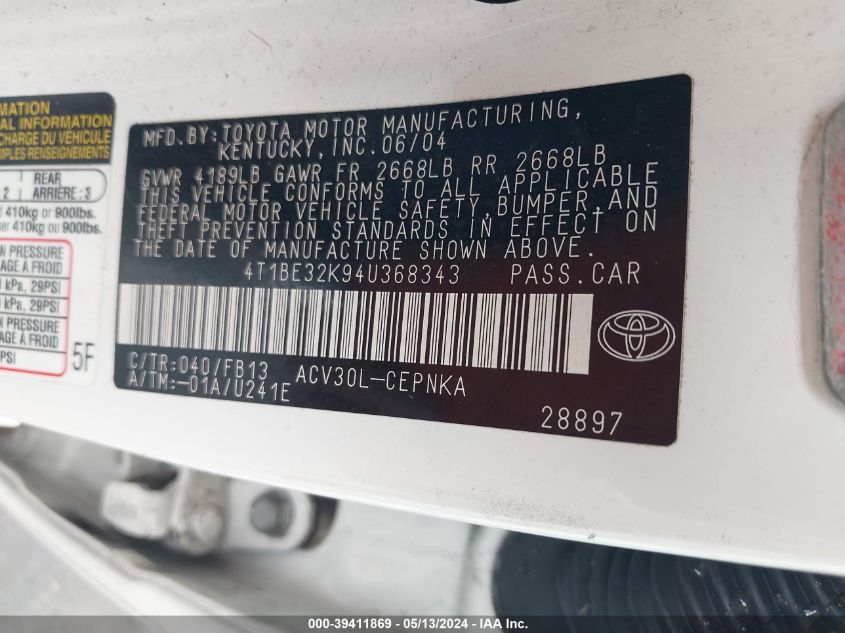 2004 Toyota Camry Le VIN: 4T1BE32K94U368343 Lot: 39411869