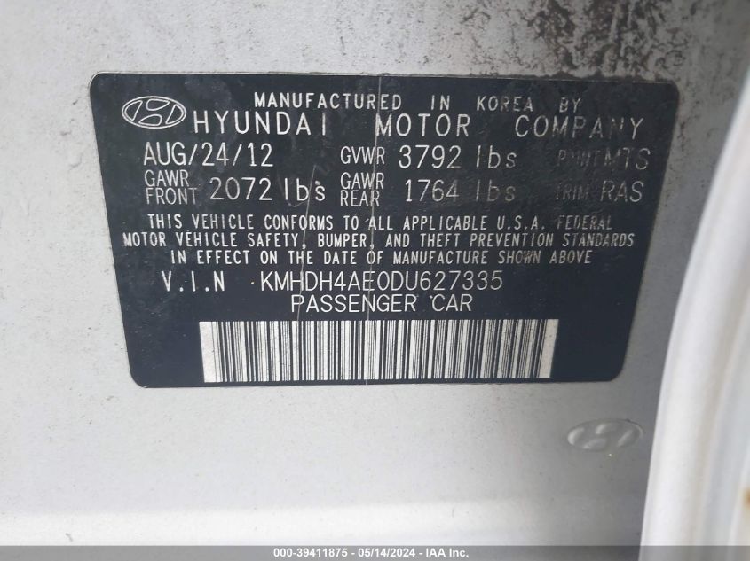 2013 Hyundai Elantra Limited VIN: KMHDH4AE0DU627335 Lot: 39411875