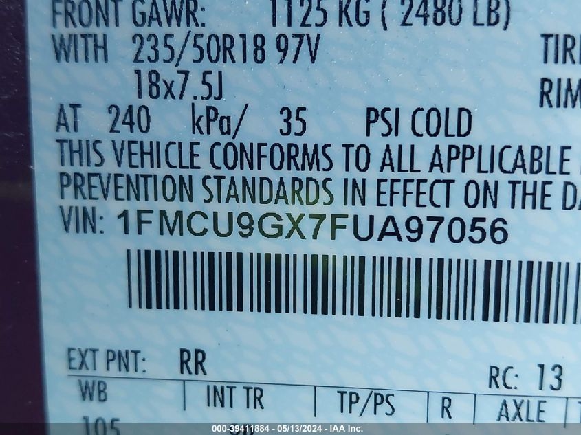 2015 Ford Escape Se VIN: 1FMCU9GX7FUA97056 Lot: 39411884