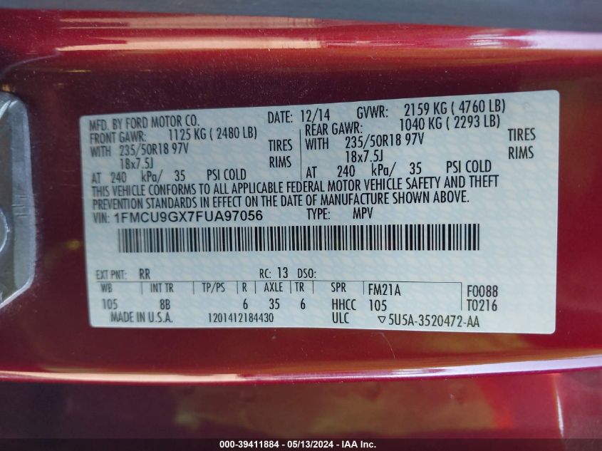 2015 Ford Escape Se VIN: 1FMCU9GX7FUA97056 Lot: 39411884