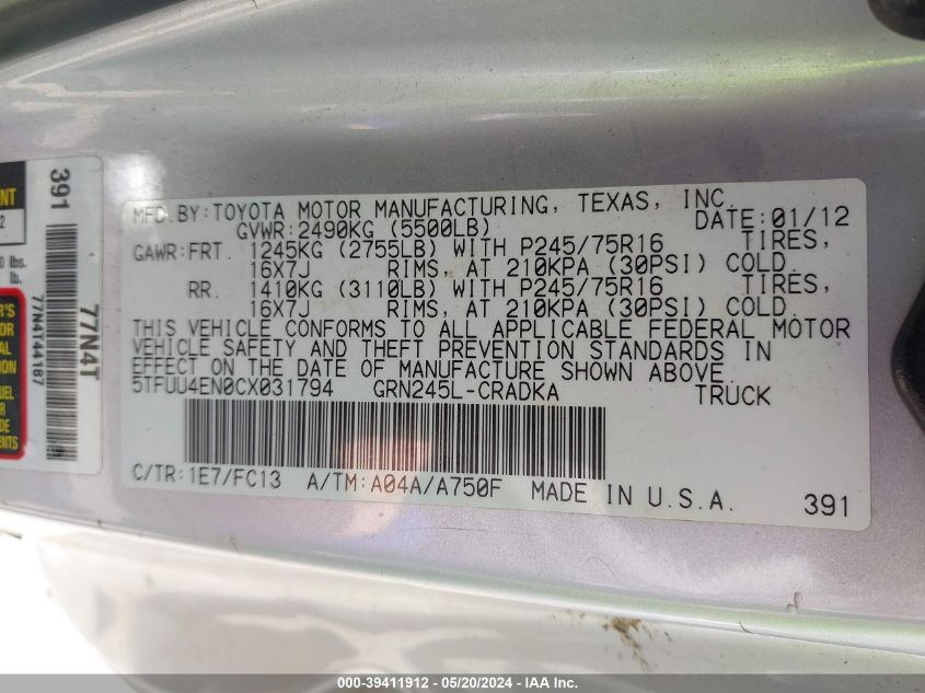 2012 Toyota Tacoma Base V6 VIN: 5TFUU4EN0CX031794 Lot: 39411912