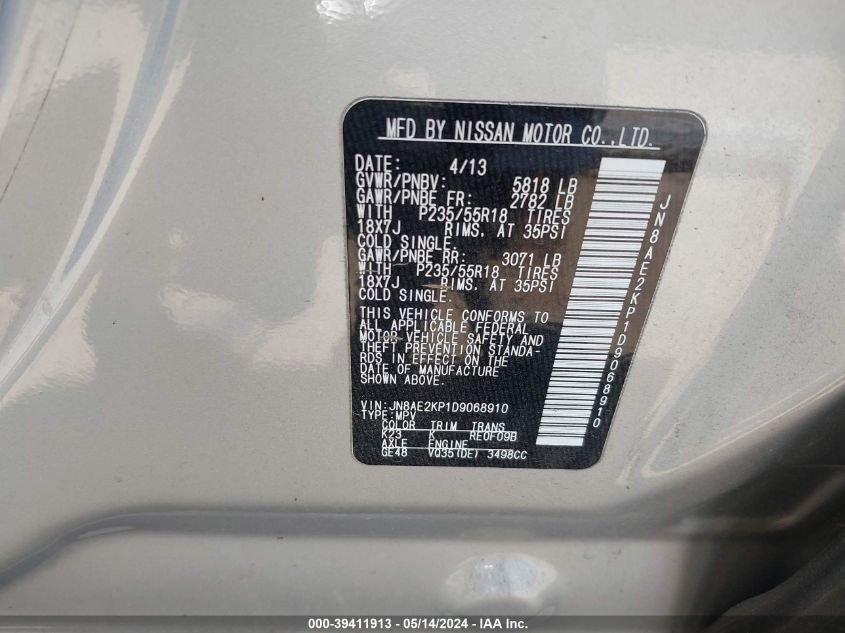 2013 Nissan Quest Sl VIN: JN8AE2KP1D9068910 Lot: 39411913