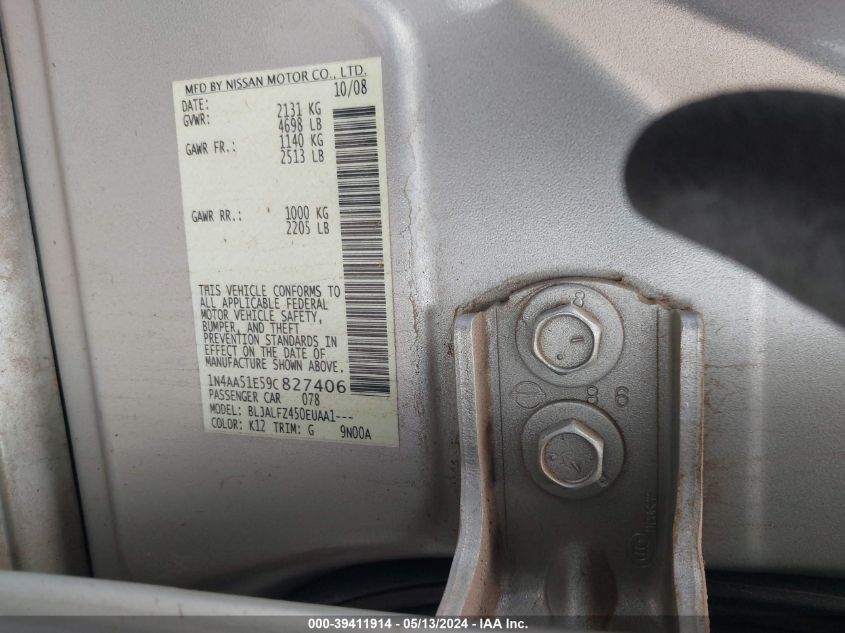2009 Nissan Maxima 3.5 Sv VIN: 1N4AA51E59C827406 Lot: 39411914