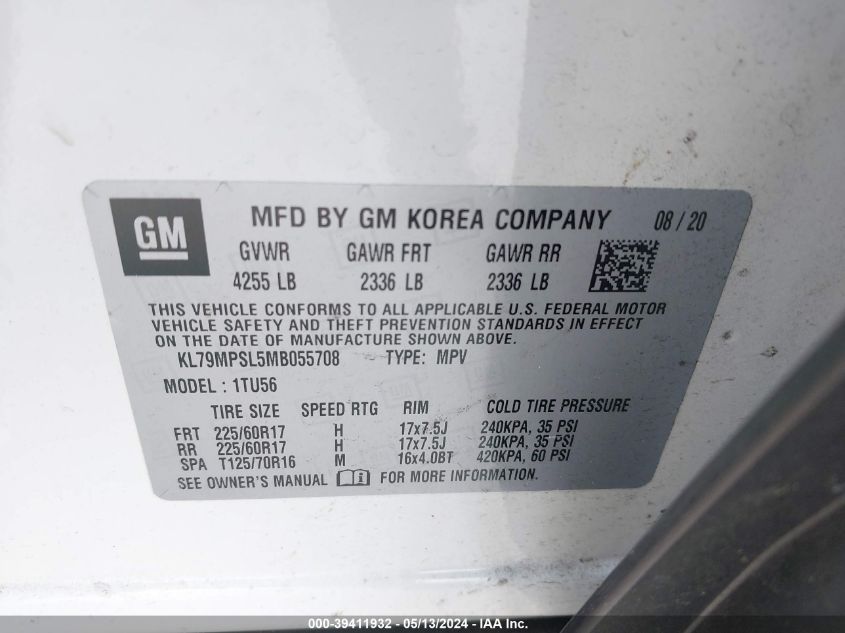 2021 Chevrolet Trailblazer Fwd Lt VIN: KL79MPSL5MB055708 Lot: 39411932