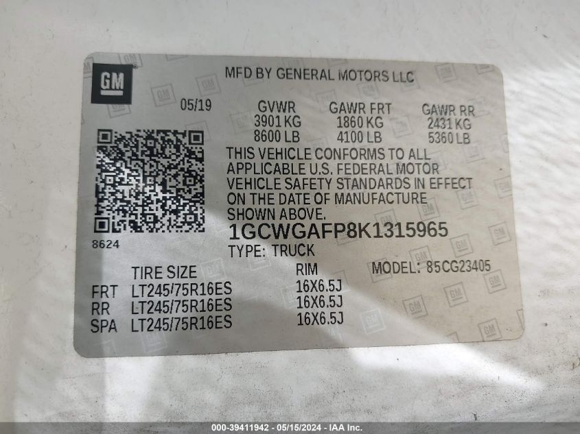 2019 Chevrolet Express 2500 Work Van VIN: 1GCWGAFP8K1315965 Lot: 39411942