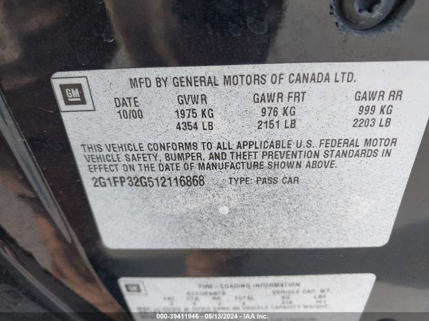 2001 Chevrolet Camaro Z28 VIN: 2G1FP32G512116868 Lot: 39411946