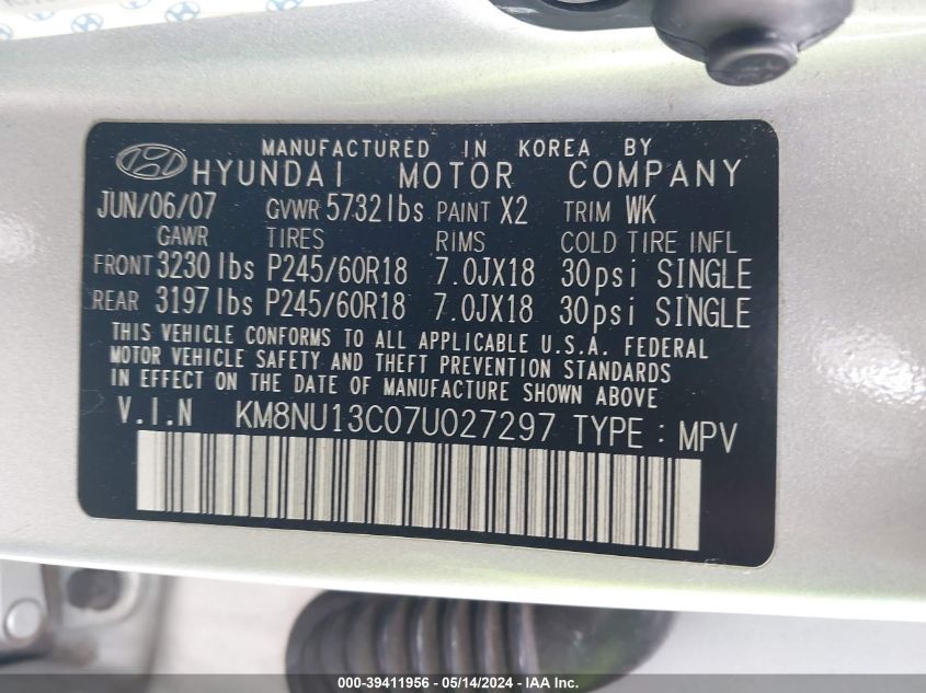 2007 Hyundai Veracruz Gls/Limited/Se VIN: KM8NU13C07U027297 Lot: 39411956