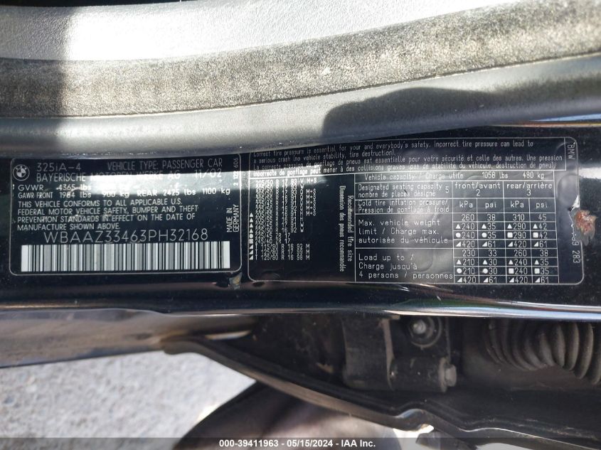 2003 BMW 325 I VIN: WBAAZ33463PH32168 Lot: 39411963