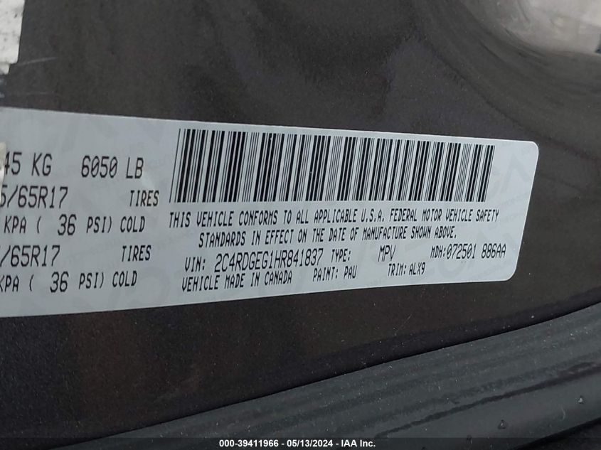 2017 Dodge Grand Caravan Gt VIN: 2C4RDGEG1HR841837 Lot: 39411966