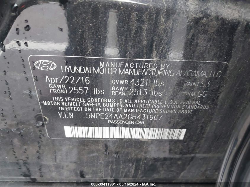 2016 Hyundai Sonata Eco VIN: 5NPE24AA2GH431967 Lot: 39411981