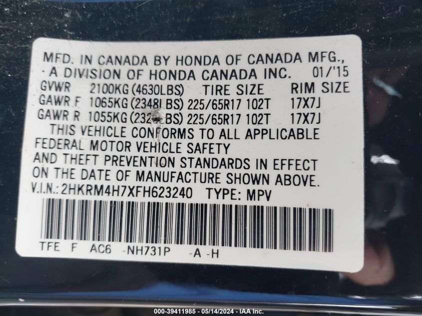 2015 Honda Cr-V Ex-L VIN: 2HKRM4H7XFH623240 Lot: 39411985