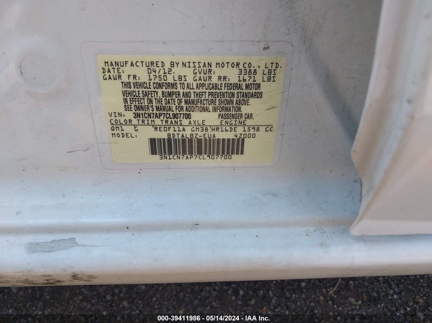 2012 Nissan Versa 1.6 Sv VIN: 3N1CN7AP7CL907700 Lot: 39411986