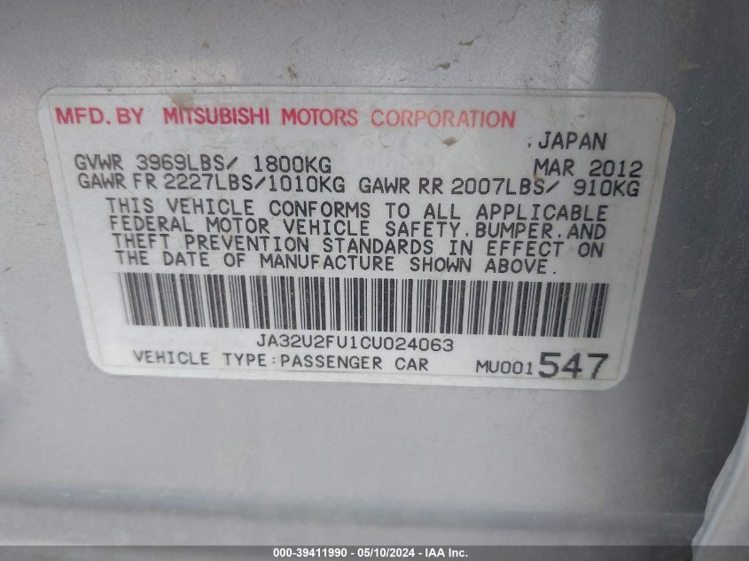 2012 Mitsubishi Lancer Es VIN: JA32U2FU1CU024063 Lot: 39411990