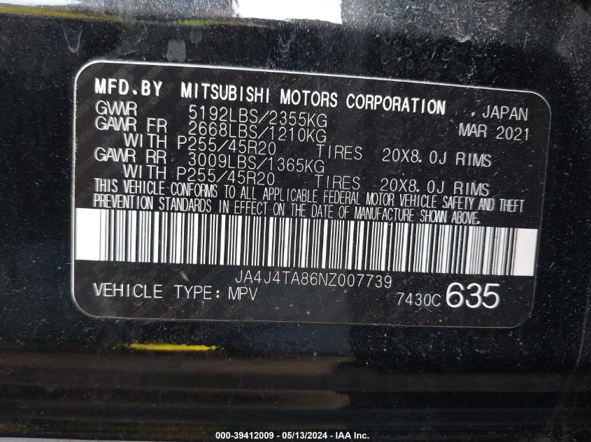 2022 Mitsubishi Outlander Es 2.5 S-Awc VIN: JA4J4TA86NZ007739 Lot: 39412009