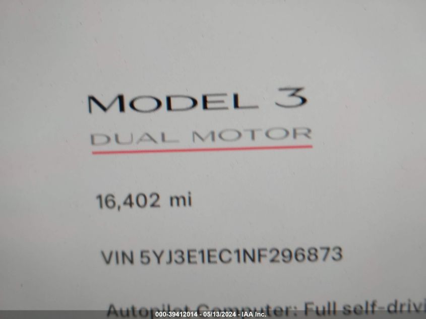 2022 Tesla Model 3 Performance Dual Motor All-Wheel Drive VIN: 5YJ3E1EC1NF296873 Lot: 39412014