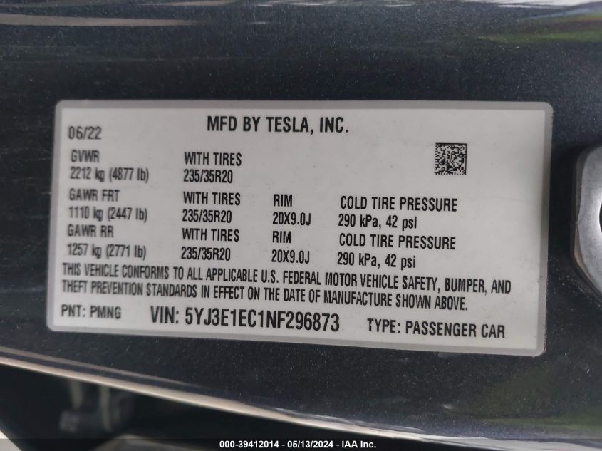 2022 Tesla Model 3 Performance Dual Motor All-Wheel Drive VIN: 5YJ3E1EC1NF296873 Lot: 39412014