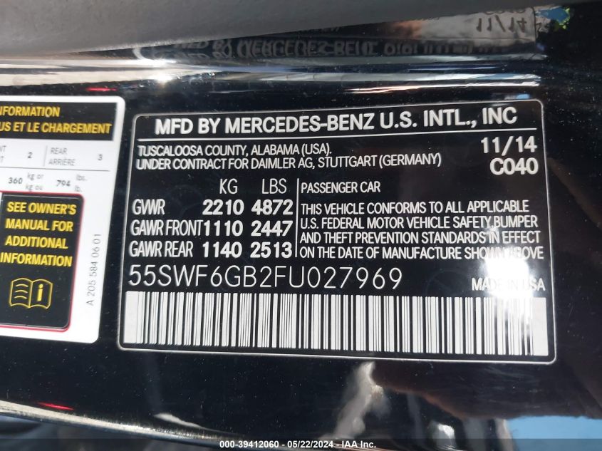 2015 Mercedes-Benz C 400 4Matic VIN: 55SWF6GB2FU027969 Lot: 39412060