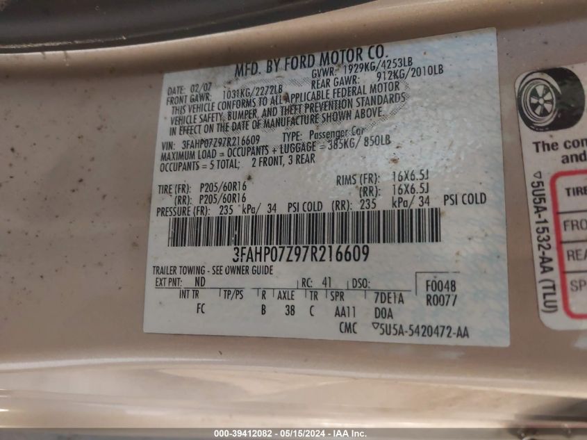 2007 Ford Fusion Se VIN: 3FAHP07Z97R216609 Lot: 39412082