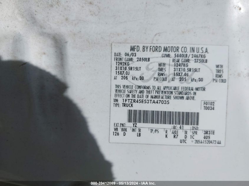 2003 Ford Ranger Edge/Xlt VIN: 1FTZR45E53TA47035 Lot: 39412089