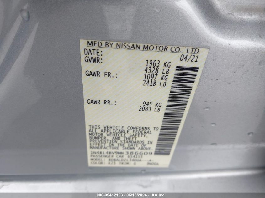 2021 Nissan Altima S Fwd VIN: 1N4BL4BV9MN386609 Lot: 39412123