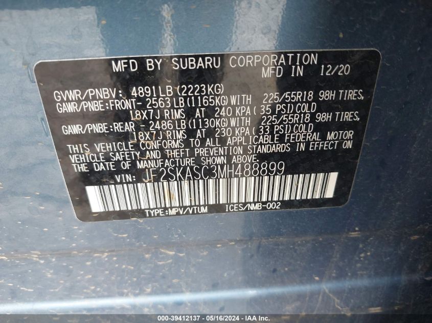 2021 Subaru Forester Limited VIN: JF2SKASC3MH488899 Lot: 39412137