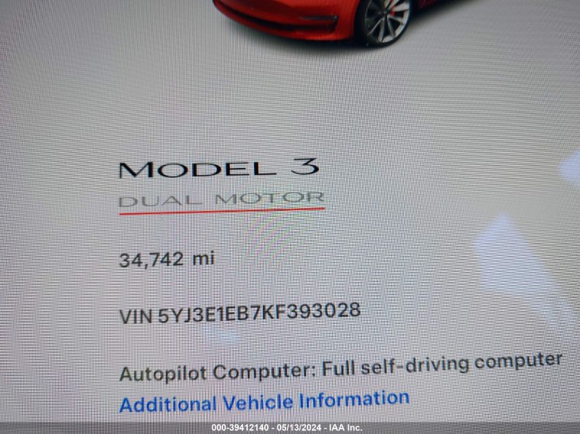 2019 Tesla Model 3 Long Range/Performance VIN: 5YJ3E1EB7KF393028 Lot: 39412140