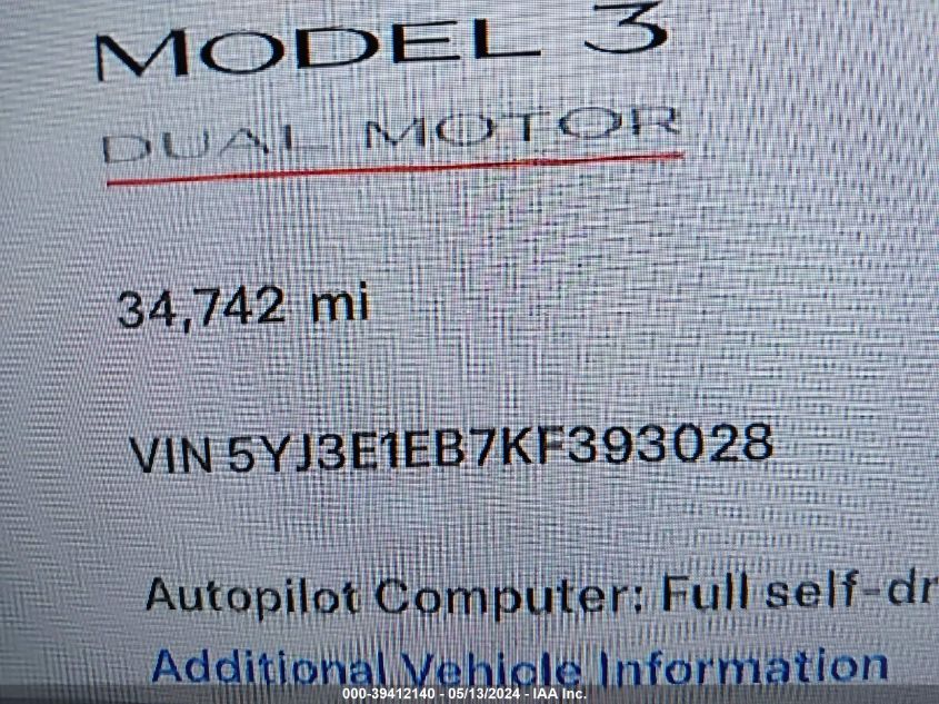 2019 Tesla Model 3 Long Range/Performance VIN: 5YJ3E1EB7KF393028 Lot: 39412140