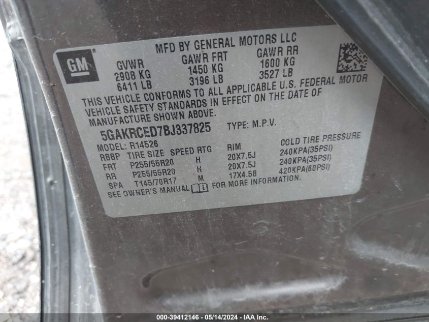 2011 Buick Enclave Cxl VIN: 5GAKRCED7BJ337825 Lot: 39412146