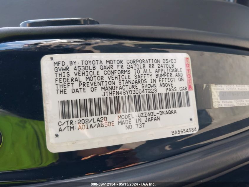 2003 Lexus Sc 430 VIN: JTHFN48Y030047223 Lot: 39412154