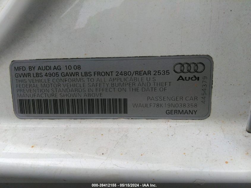 2009 Audi A4 2.0T Premium VIN: WAULF78K19N038358 Lot: 39412155