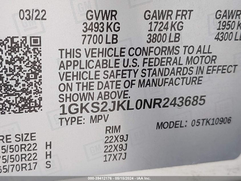 2022 GMC Yukon Xl Denali VIN: 1GKS2JKL0NR243685 Lot: 39412176