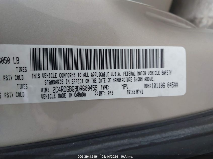 2013 Dodge Grand Caravan Se VIN: 2C4RDGBG9DR600459 Lot: 39412191