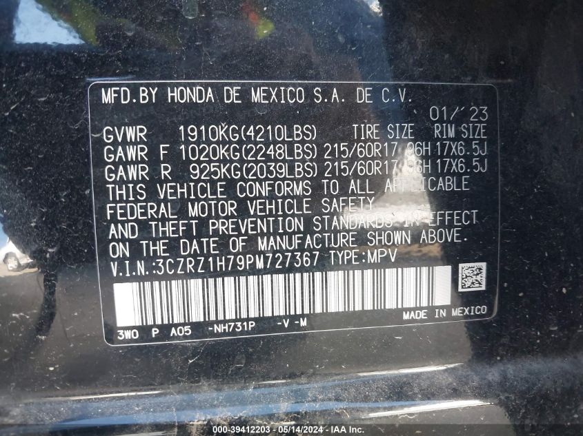 2023 Honda Hr-V 2Wd Ex-L VIN: 3CZRZ1H79PM727367 Lot: 39412203