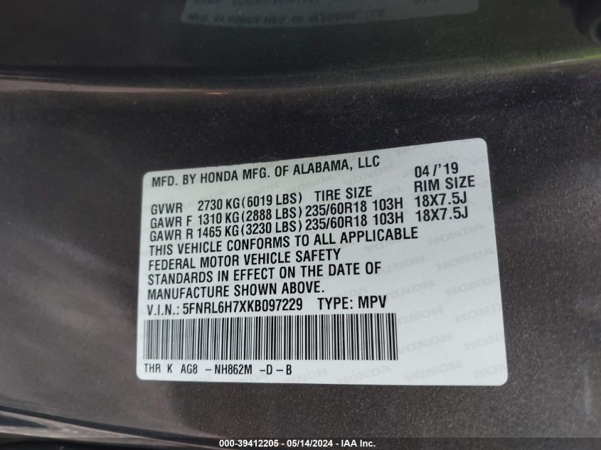 2019 Honda Odyssey Ex-L VIN: 5FNRL6H7XKB097229 Lot: 39412205