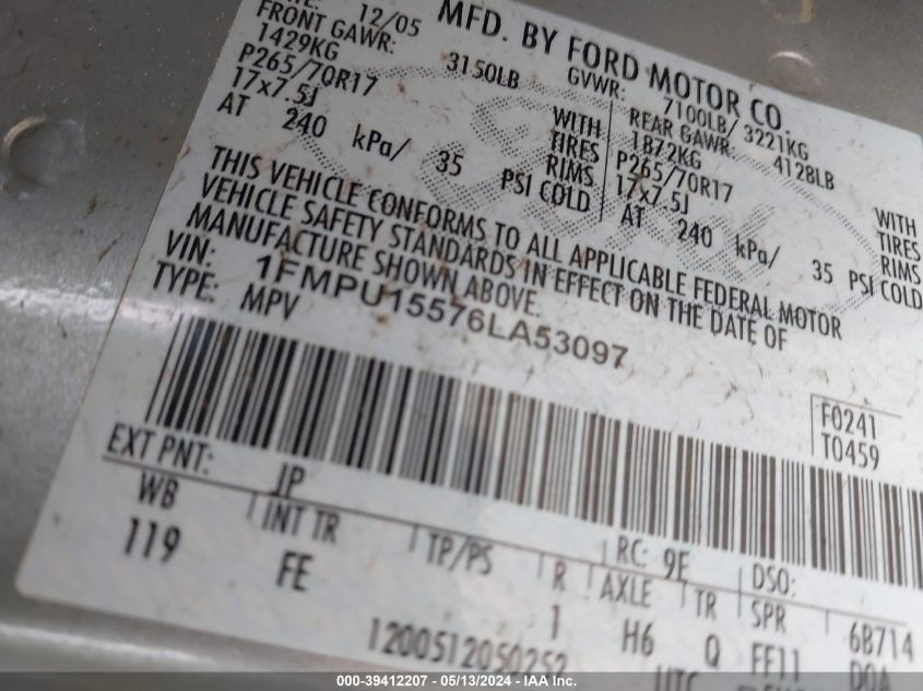 2006 Ford Expedition Xlt/Xlt Sport VIN: 1FMPU15576LA53097 Lot: 39412207