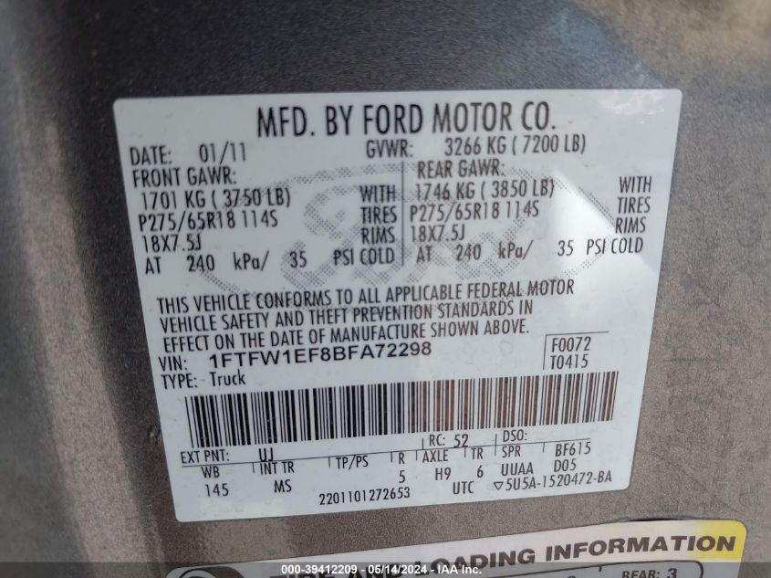 2011 Ford F-150 Supercrew VIN: 1FTFW1EF8BFA72298 Lot: 39412209