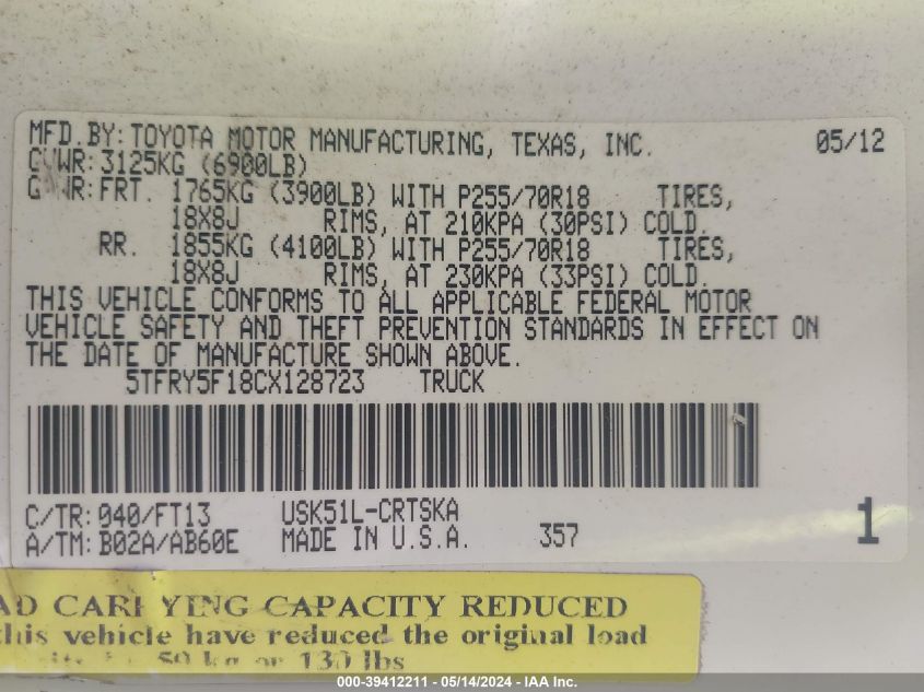 2012 Toyota Tundra Grade 5.7L V8 VIN: 5TFRY5F18CX128723 Lot: 39412211