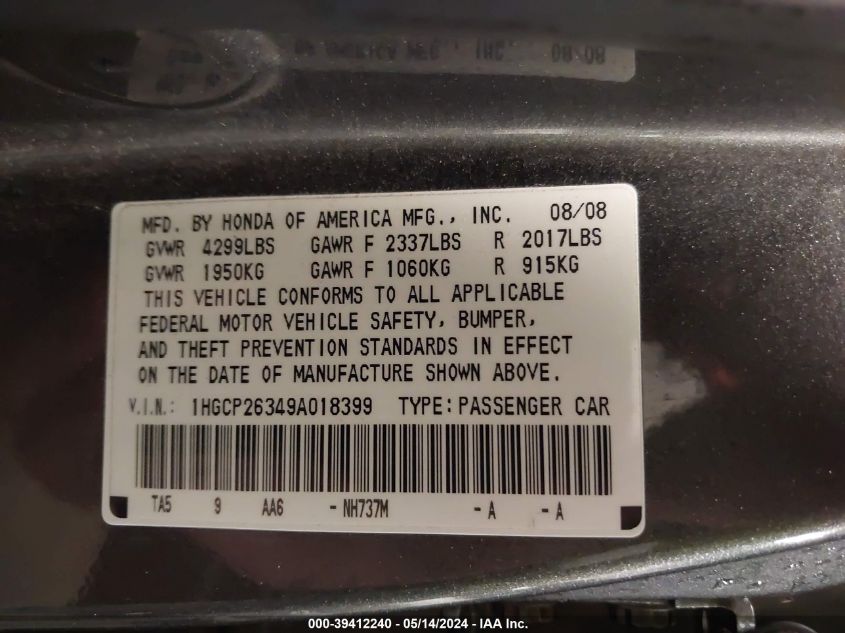 2009 Honda Accord 2.4 Lx VIN: 1HGCP26349A018399 Lot: 39412240