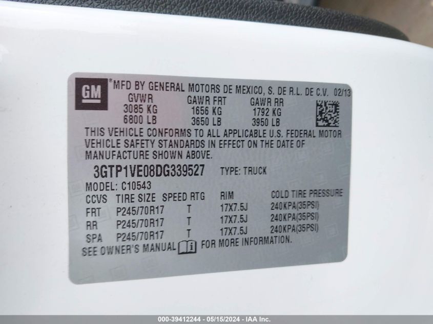 2013 GMC Sierra 1500 Sle VIN: 3GTP1VE08DG339527 Lot: 39412244