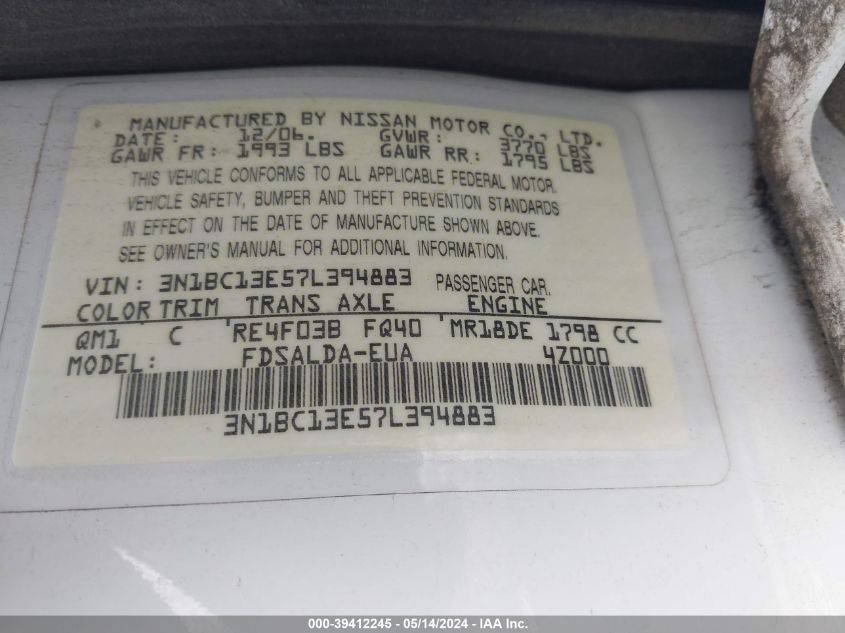 2007 Nissan Versa 1.8S VIN: 3N1BC13E57L394883 Lot: 39412245