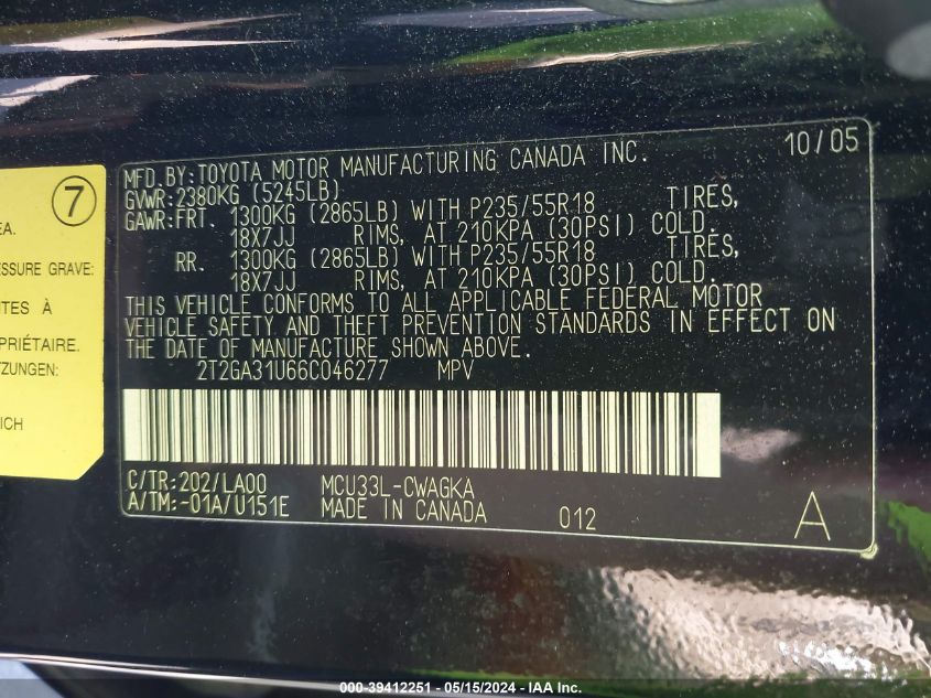 2006 Lexus Rx 330 VIN: 2T2GA31U66C046277 Lot: 39412251