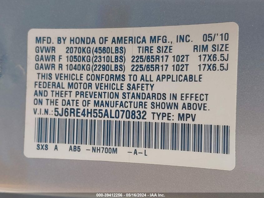 2010 Honda Cr-V Ex VIN: 5J6RE4H55AL070832 Lot: 39412256